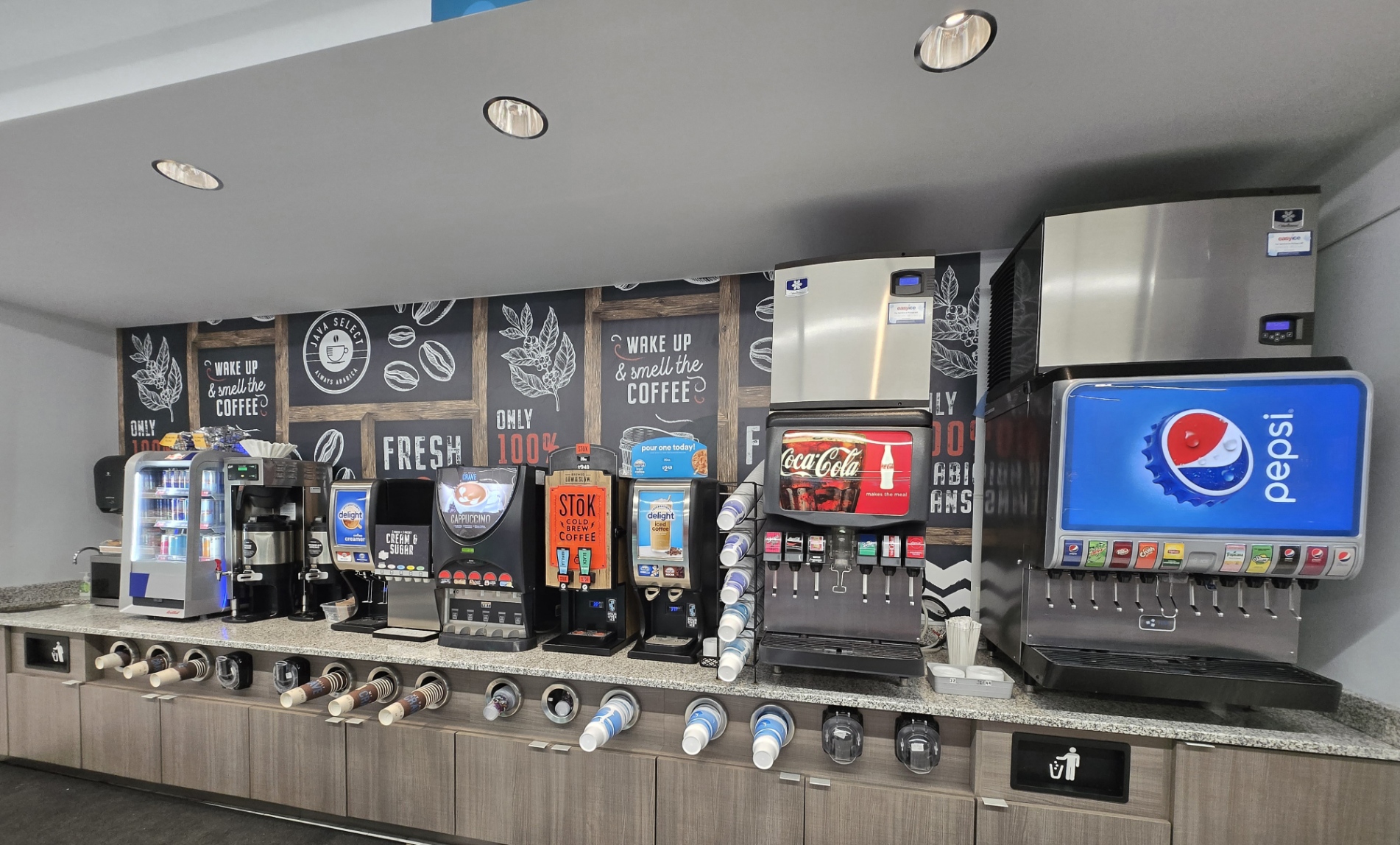 Coffee station inside BP gas station and convenience store in Crown Point, Indiana