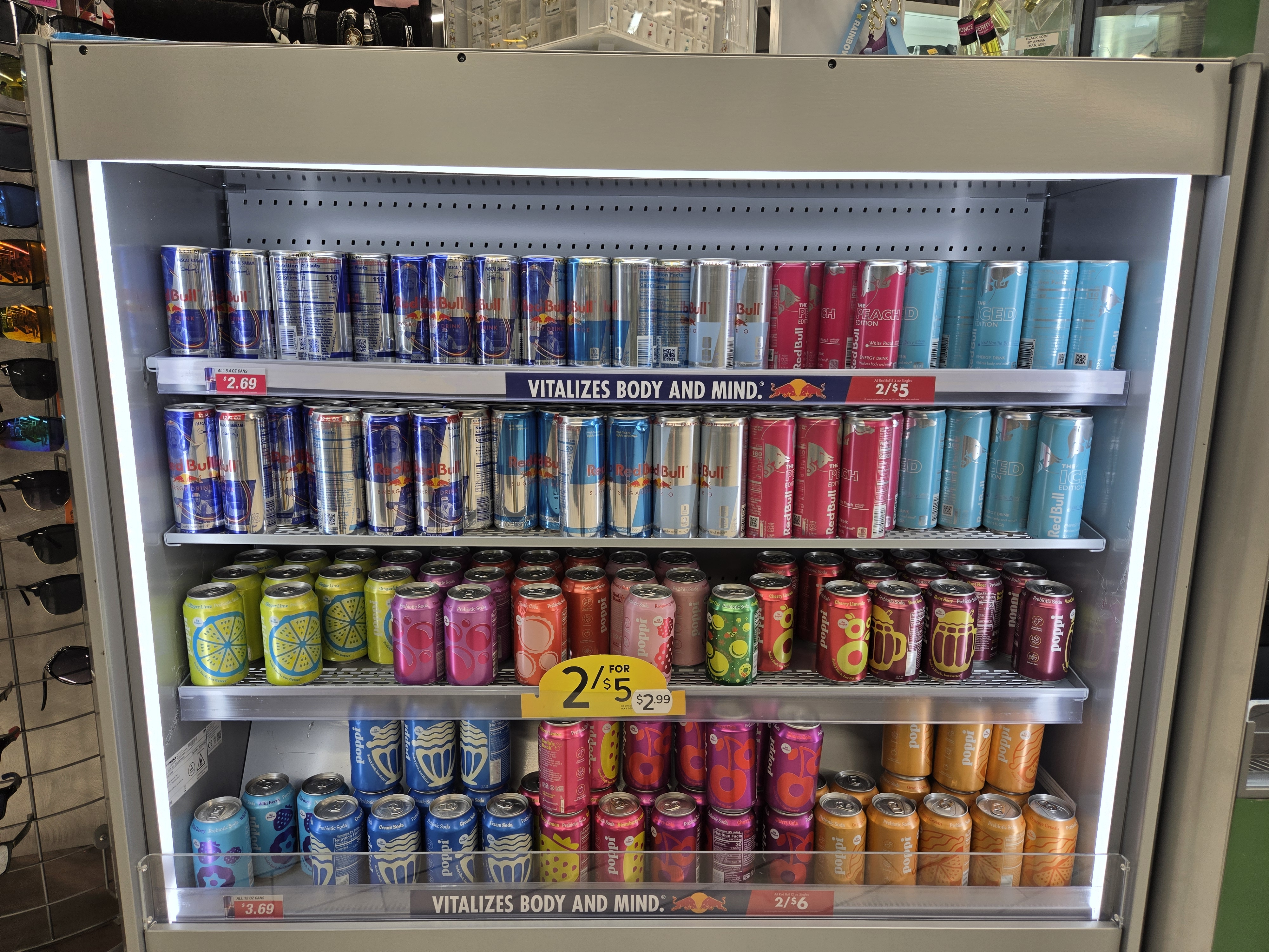 Energy drinks and cold beverages at BP convenience store in Crown Point, Indiana